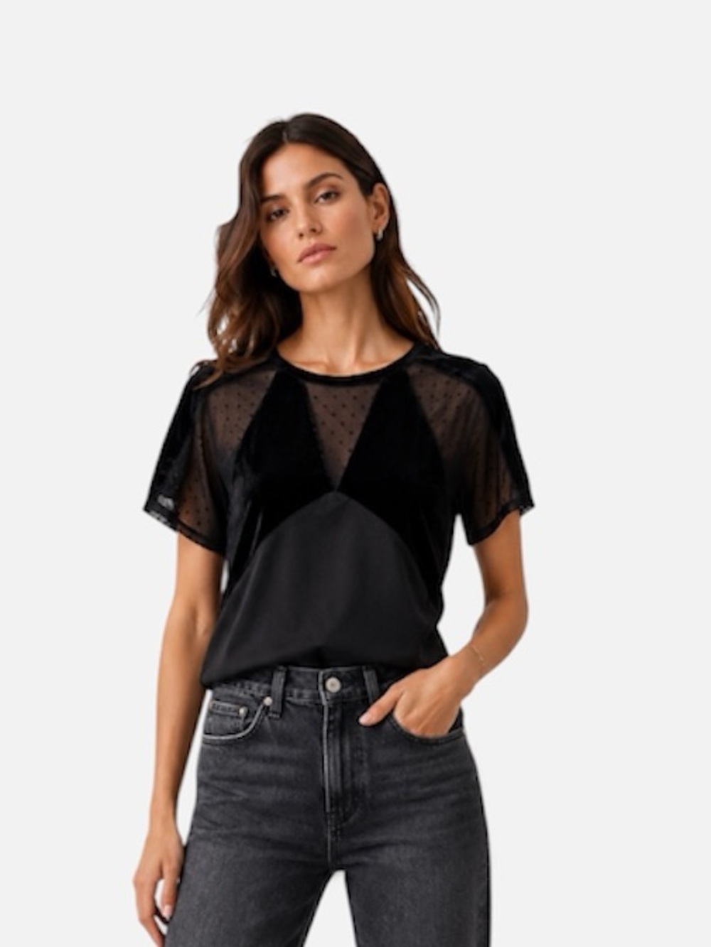 Maje Black Velvet & Polka Dot Mesh T-Shirt Size 1